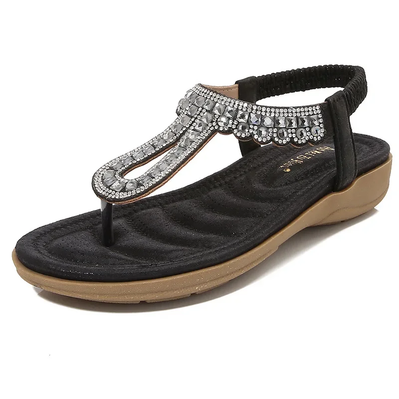 Frauen Böhmen Sandalen Flip-Flops Tanga Flache Heels Plus Größe 36-42 Mode Böhmen Kleid Blatt Strass Mujer