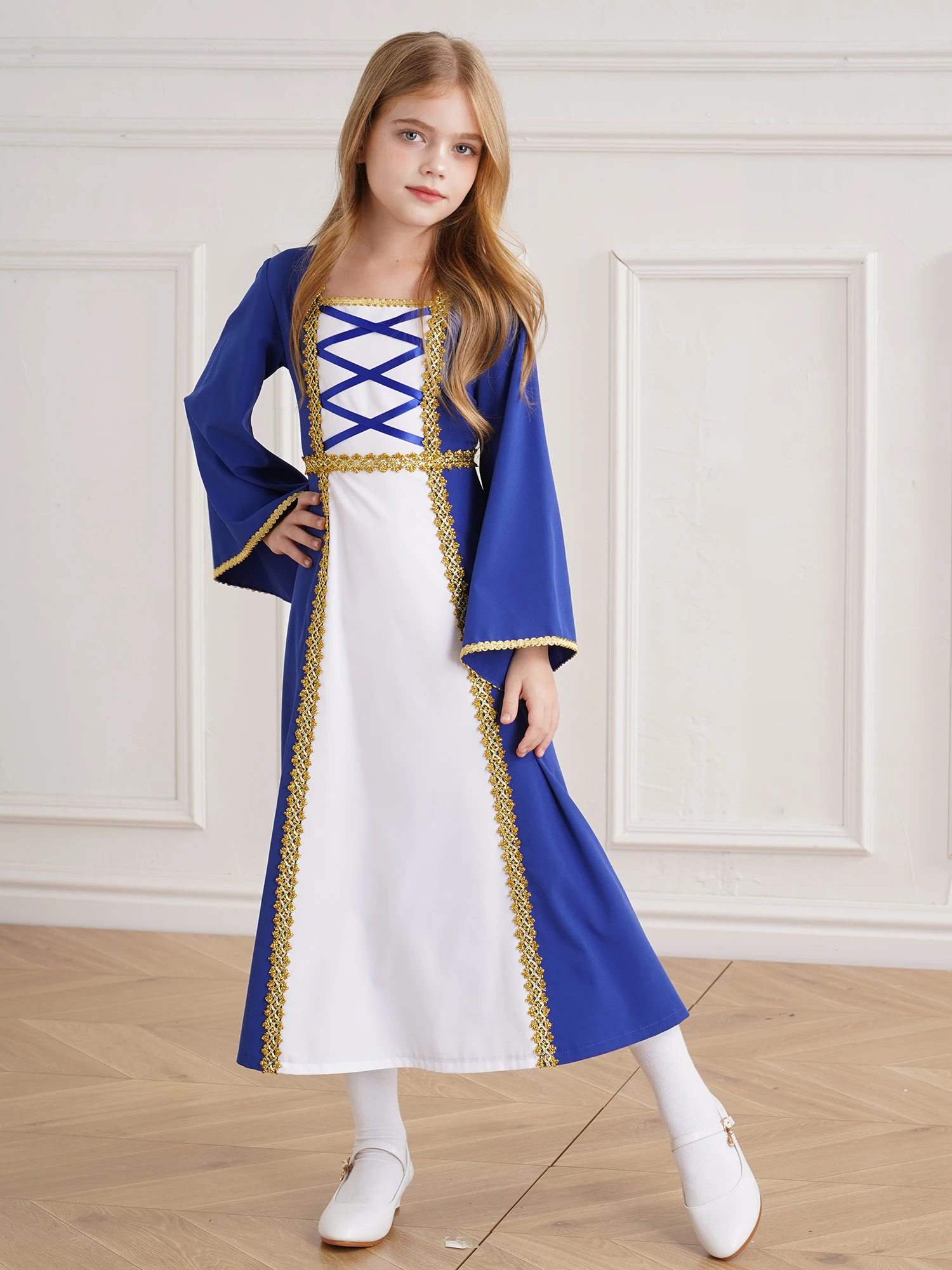 Girls Medieval Princess Costume Renaissance Cosplay Long Flare Sleeve Robe Gown Dress Victorian Theme Party Halloween Dress Up