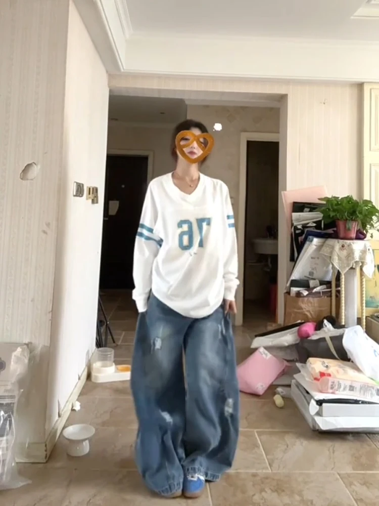 T-shirt ampia color americano Blo Long Sve V-Ne T-shirt autunnale da donna Boting irt Lazy Relaxing Feel Base Layer Top