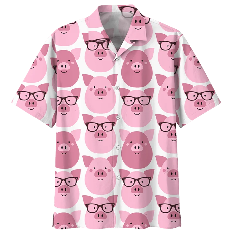 Cartoon Pig Pattern Hawaiian Shirt For Men 3D Printed Animals Short Sleeves Summer Lapel Oversized Shirts Street Button Blouses