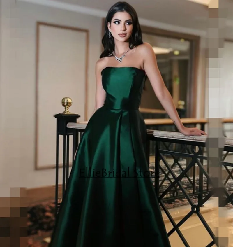 웨딩 파티용 우아한 다크 그린 이브닝 드레스, 스트랩리스 새틴 A 라인 무도회 원피스, 맞춤형 디너 가운
