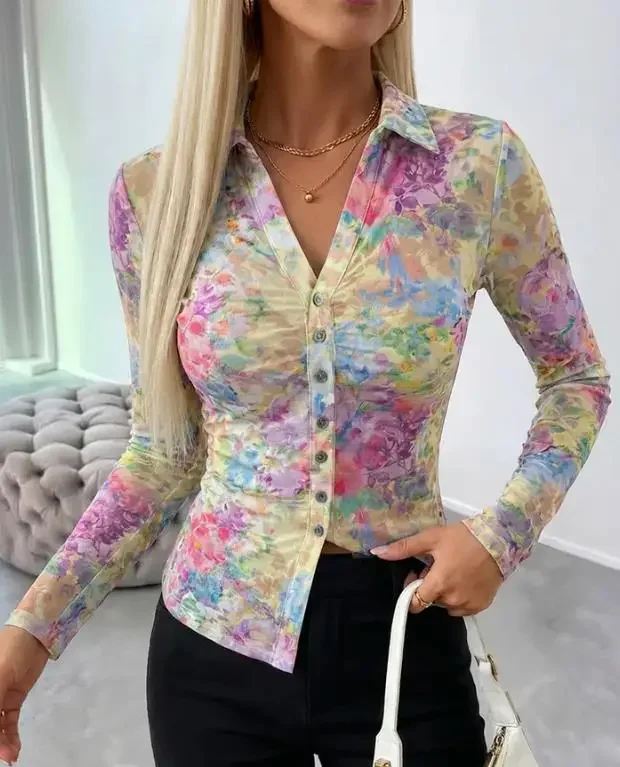 Women's Fashion Watercolor Floral Print Turn-Down Collar V-Neck Button Front Shirt Female Slim Long Sleeve Ruched Sheer Mesh Top