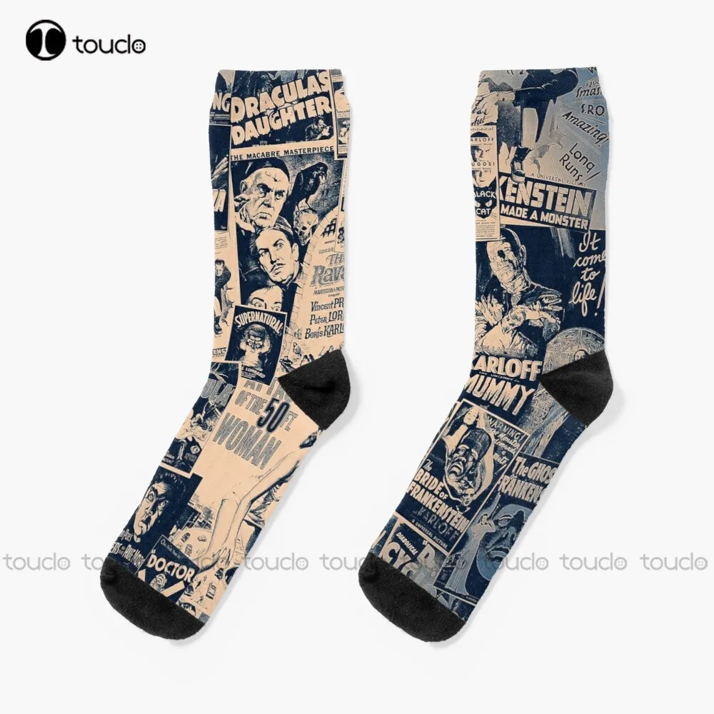 Famous Monsters Bela Lugosi Boris Karloff Horror Socks Mens Socks Black Christmas New Year Gift Street Skateboard Socks Colorful