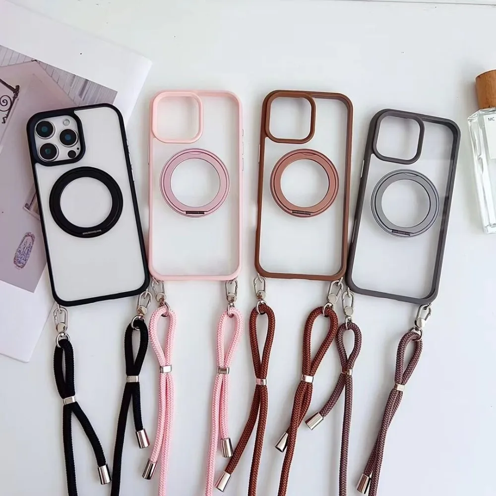 

Crossbody Lanyard Strap Transparent Magnetic Phone Case for IPhone 16 Pro Max Plus 15 14 13 for Magsafe Invisible Bracket Cover