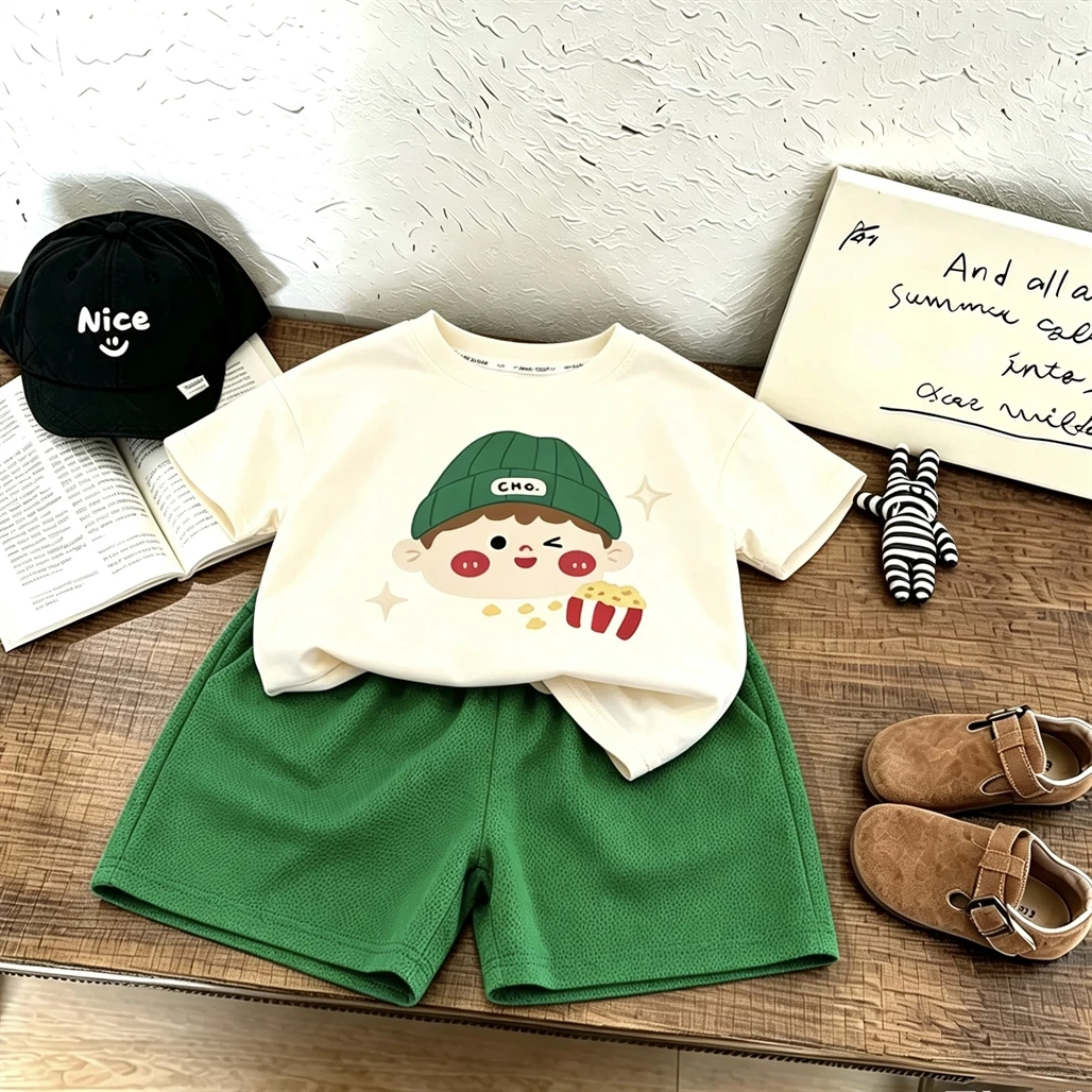 Boys Lovely Suits Short-sleeved Two Piece Set Outer Wear Round Neck TShirt Solid Color Shorts Summer Costume For Boys Girls