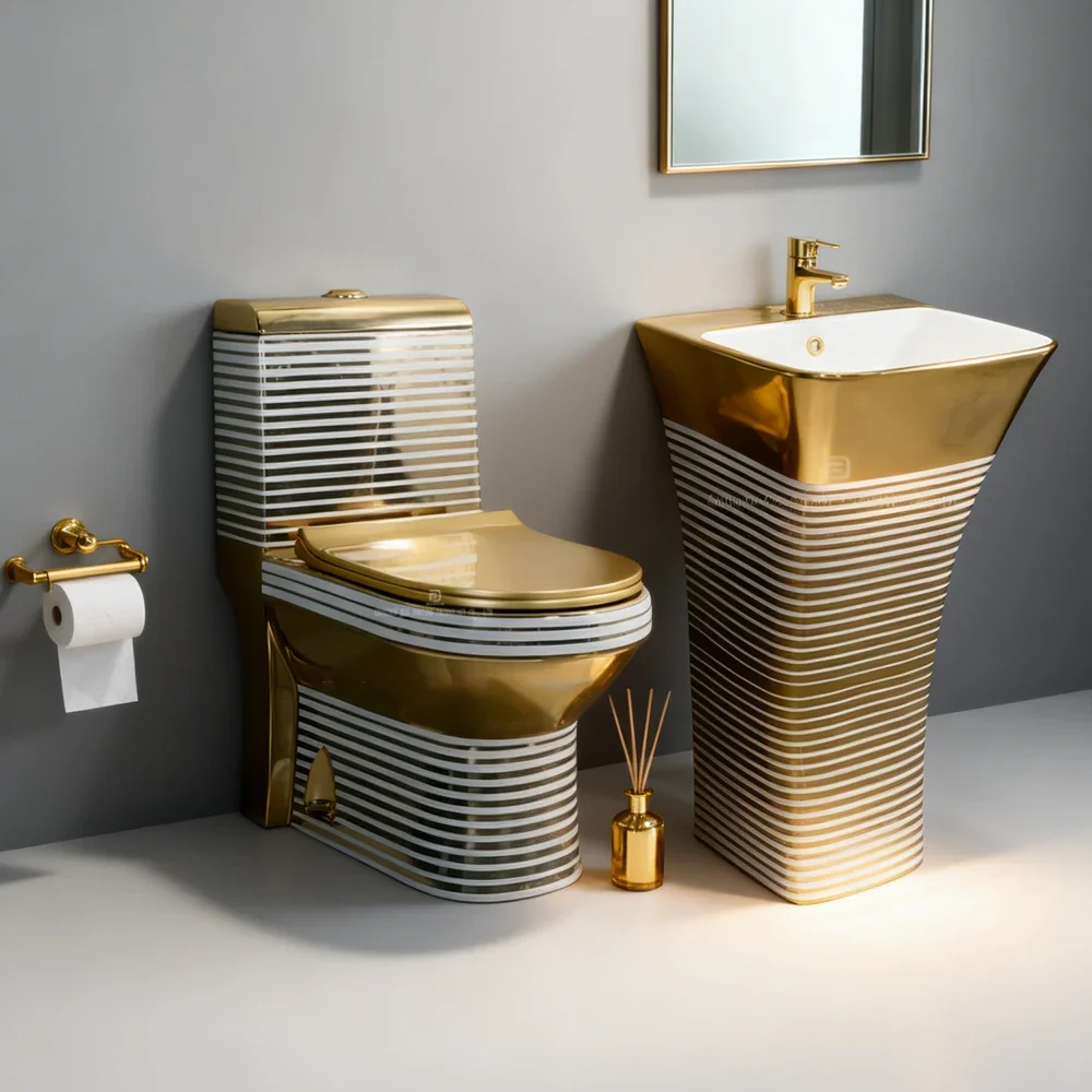 xx-Luxury Gold One Piece Toilet Sink Bathroom Washdown Wc Toilets And Pedestal Basin Floor Mounted Water Closet Toilet Set