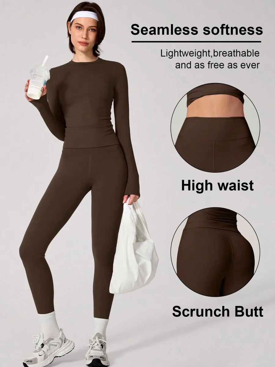 

Women Solid Color Yoga Set Long Sleeve Top High Waist Leggings