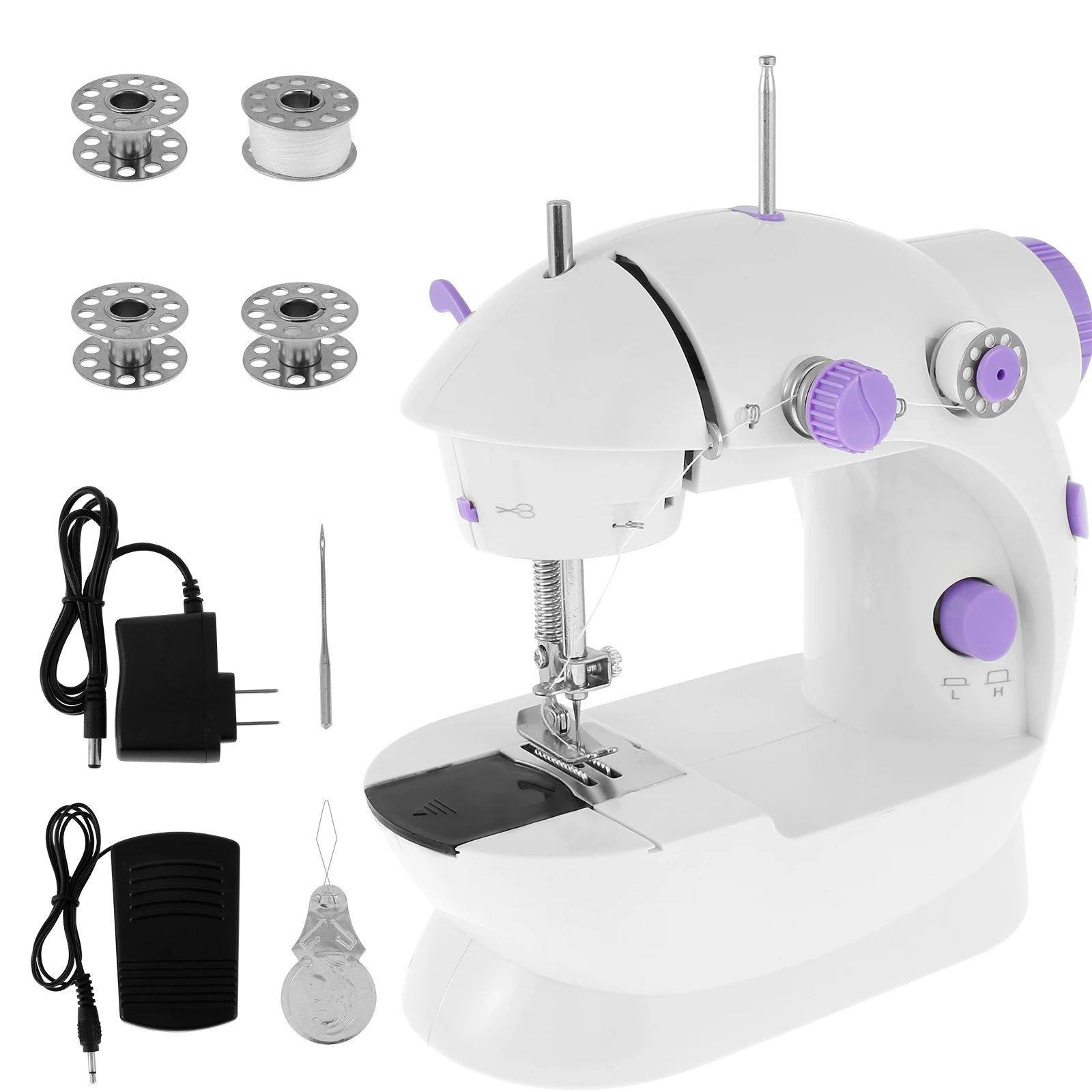 

Мини-портативная швейная машина со встроенной подсветкой, бытовая электрическая швейная машина с регулируемой скоростью и комплектом шпубелей для ножной педали