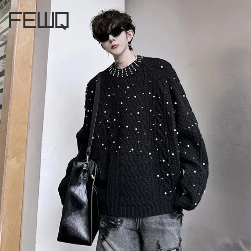 

FEWQ Men's Sweaters New Fashion Casual Round Collar Weave Beading Decoration Solid Color Male Pullover Tops Autumn 2024 9C7976