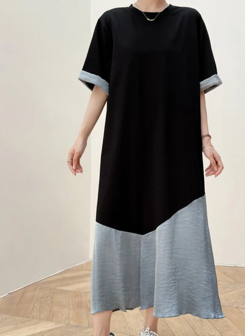 Vestido solto coreano 2025 verão novo longo algodão costura acetato cetim francês qualidade feminina rolo manga curta vestido