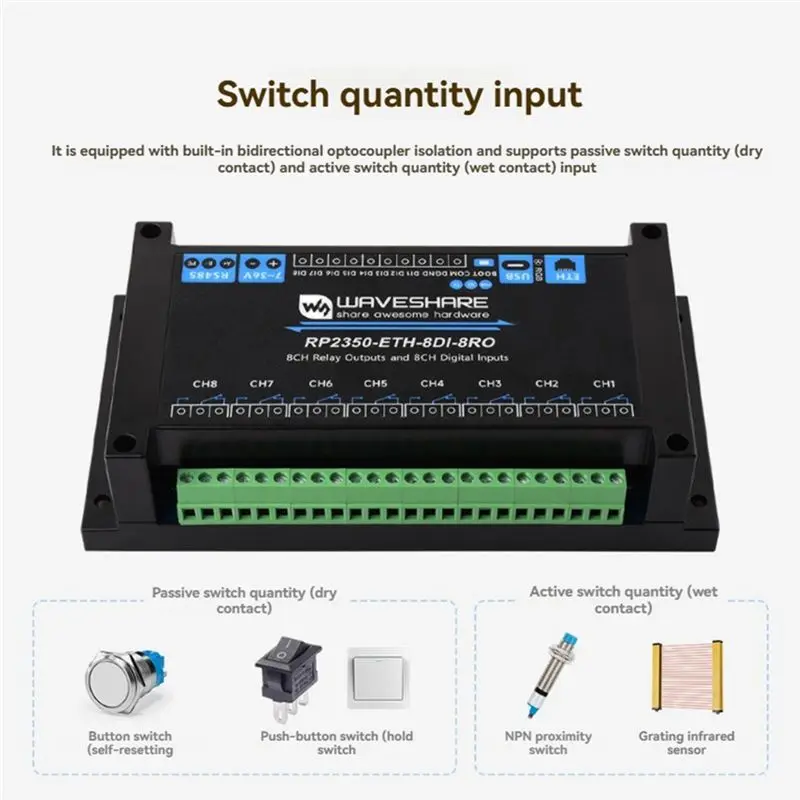 N33R-Waveshare RP2350 Industrial 8CH Wifi Network Relay Onboard Isolated RS485 Interface Standard Ethernet Port/Poe Network Port