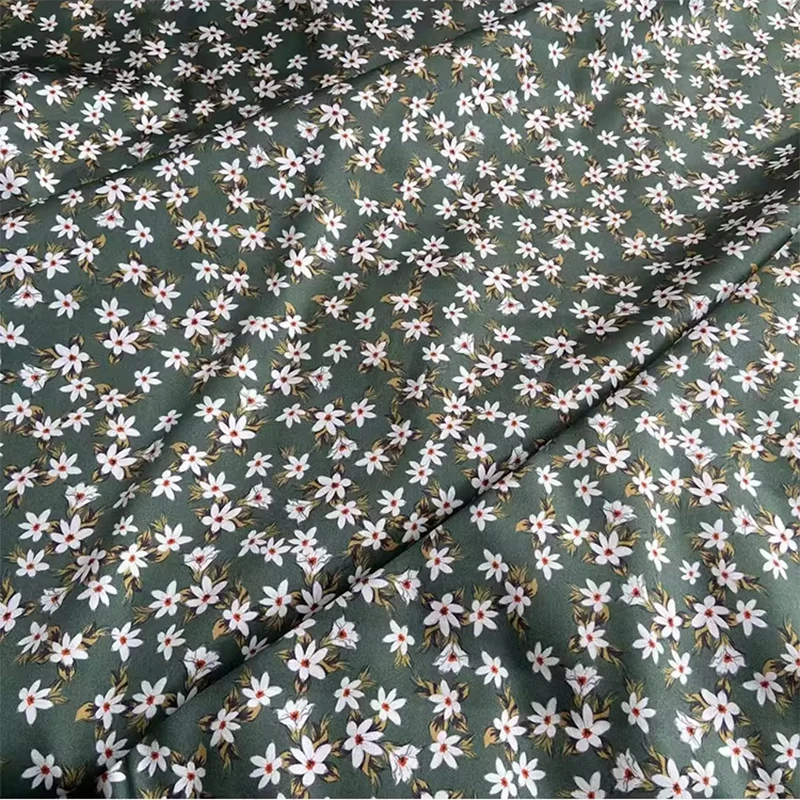 

1 meter 90% Mulberry Silk 10% Spandex 19 momme Charmeuse Silk Fabric Green Floral Printed 140cm 55" wide by the yard XY038