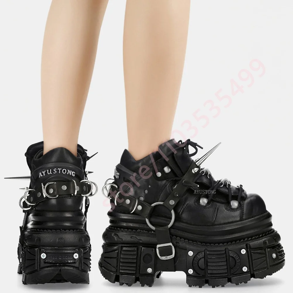 2026 New Black Gothic Punk Platform Sneakers Women Spiked Rivet Metal Ring Buckle Lace Up Chunky Thick Sole Y2K Streetwear Shoes