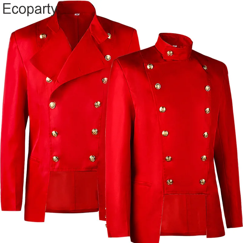 Men's Red Double Breasted Suit Blazer Jacket Steampunk Slim Stand Collar Tailcoat Victorian Gothic Frock Coat Halloween Costume