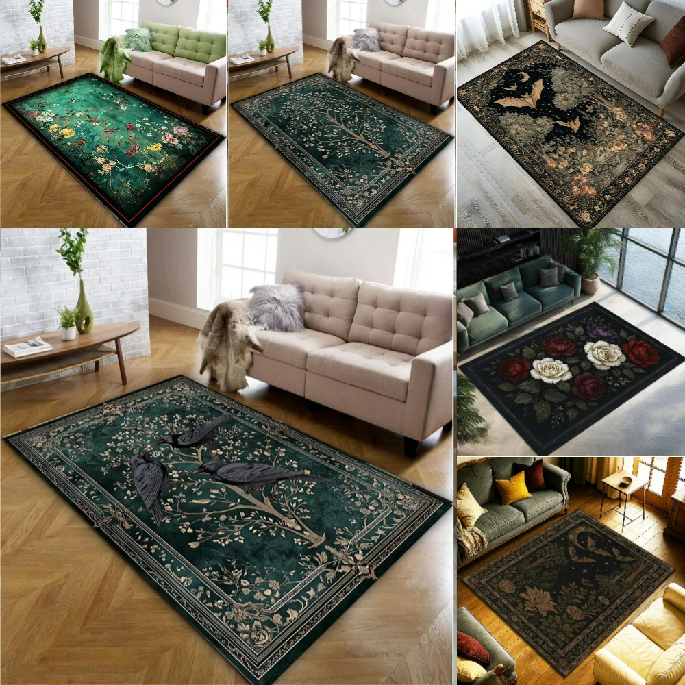 سجادة قوطية خضراء داكنة مع أشجار الأزهار وأنماط الطيور، دمشق القرون الوسطى خمر الطابق الفن الأزهار الغراب الخفافيش، السجاد المنزل ديكو #1