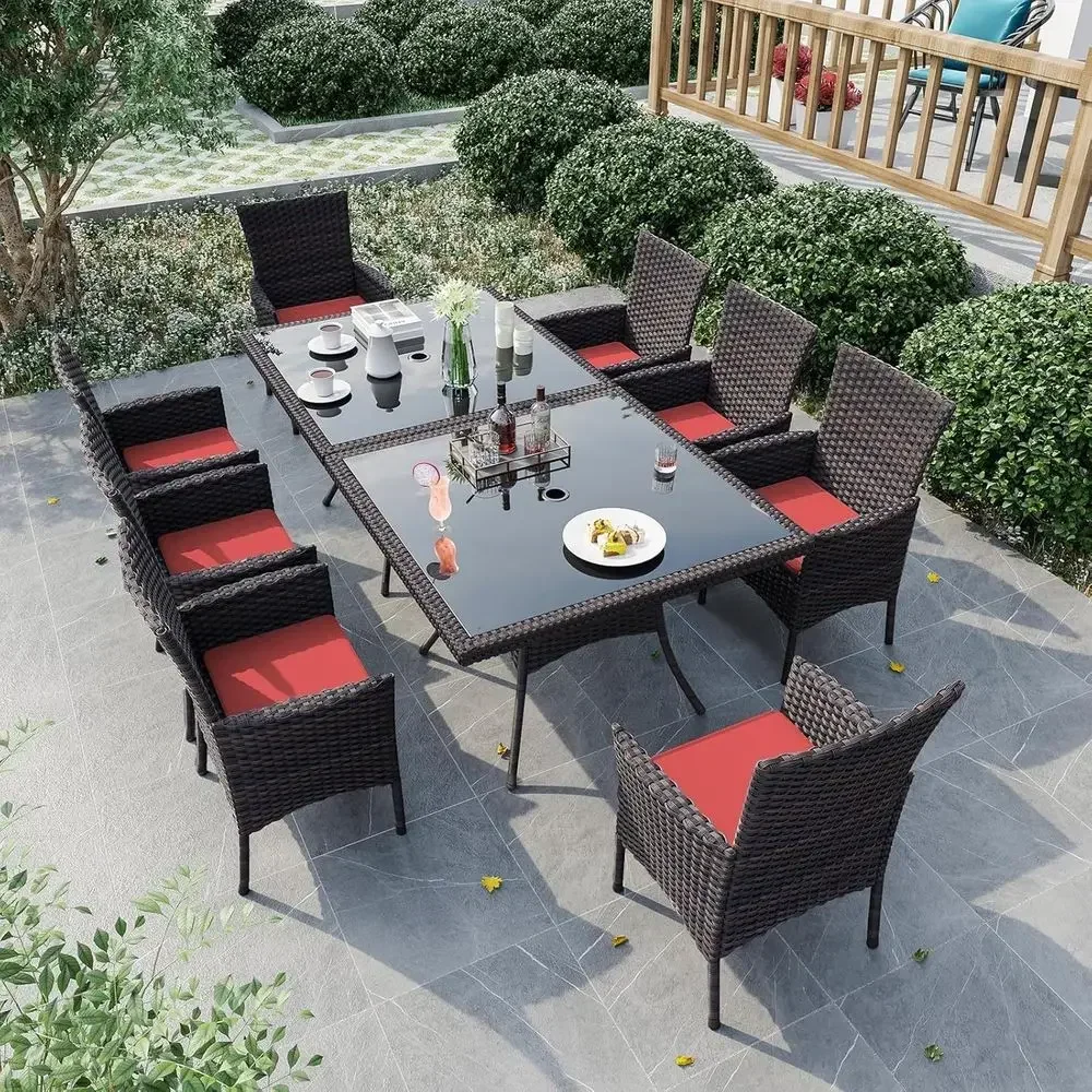 All-Weather Rattan Outdoor Dining Set with Tempered Glass Table and Removable Cushions for Patio or Deck, Red