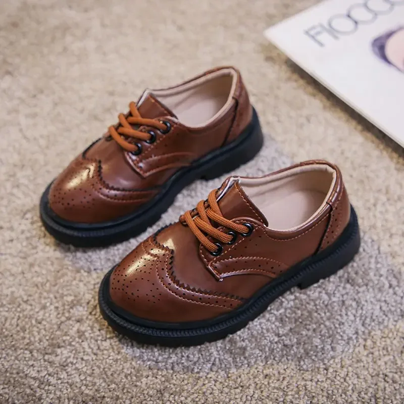 Boys Girls Fashion PU Leather Shoes Children New Style Oxfords Vintage Lace-up Kids Flats for School Party Formal Wedding Hot