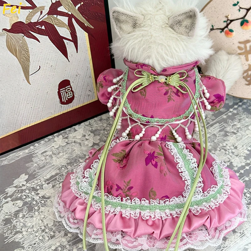 

2025 New Chinese Style Pet Dog Cats Clothes Fashion Handmade Cotton Flower Print Retro Red Dresses For Small Medium Dog Poodle