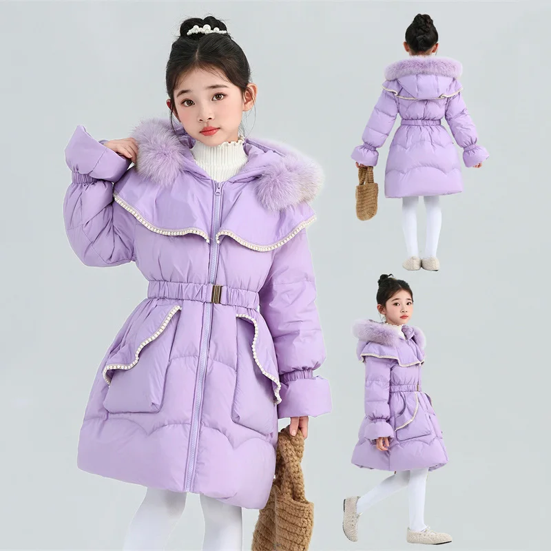 

-20 ° Пуховики для девочек, новинка 2024, зимние куртки принцессы с меховым воротником и капюшоном, детская верхняя одежда средней длины, модное детское пальто