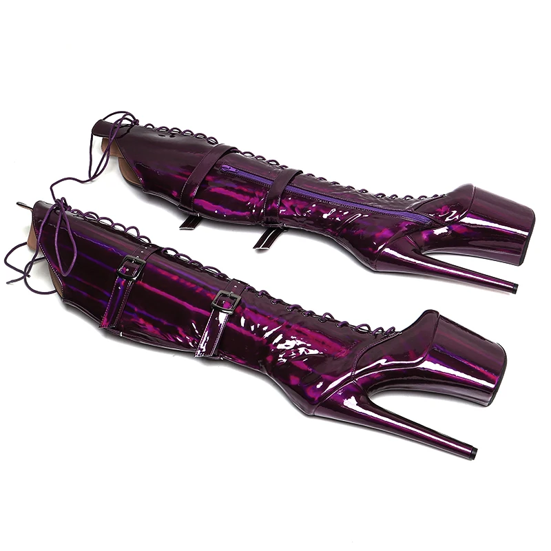 Leecabe  20CM/8inches  shiny Holographic PU Upper strap style Trend fashion High Heel platform Boots Pole Dance boots