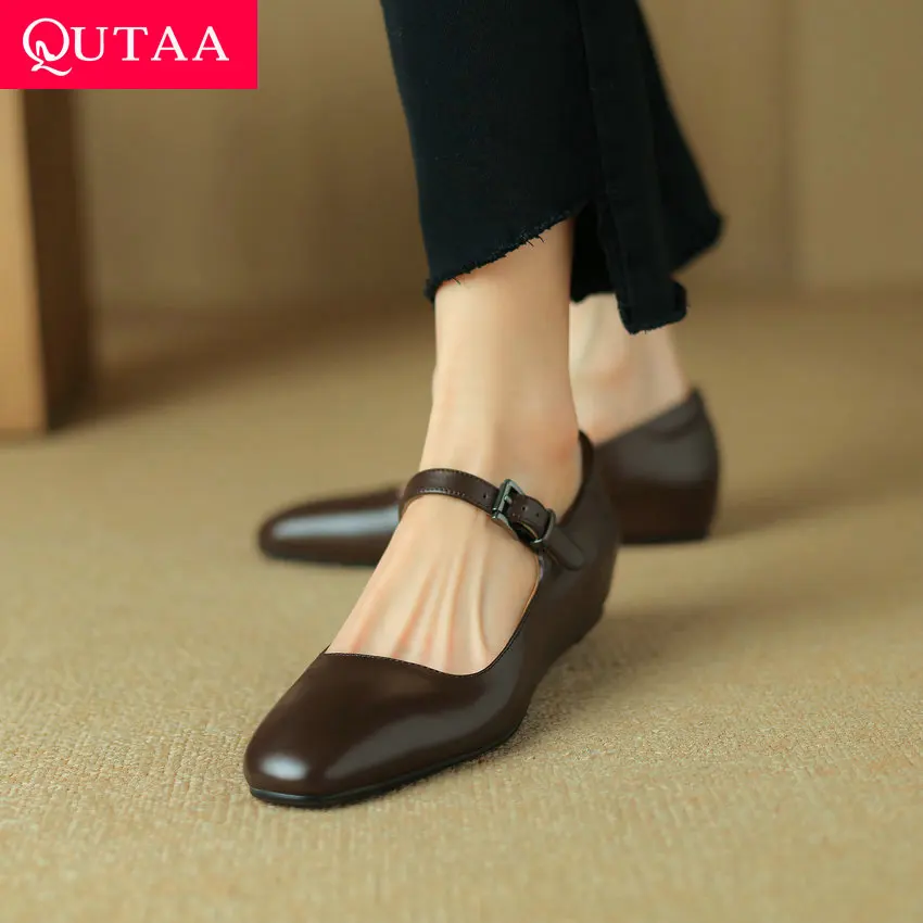 

QUTAA 2024 Women Wedge Med Heel Spring Summer Genuine Leather Buckle Mary Janes Round Toe Black Shoes Woman Size 34-41