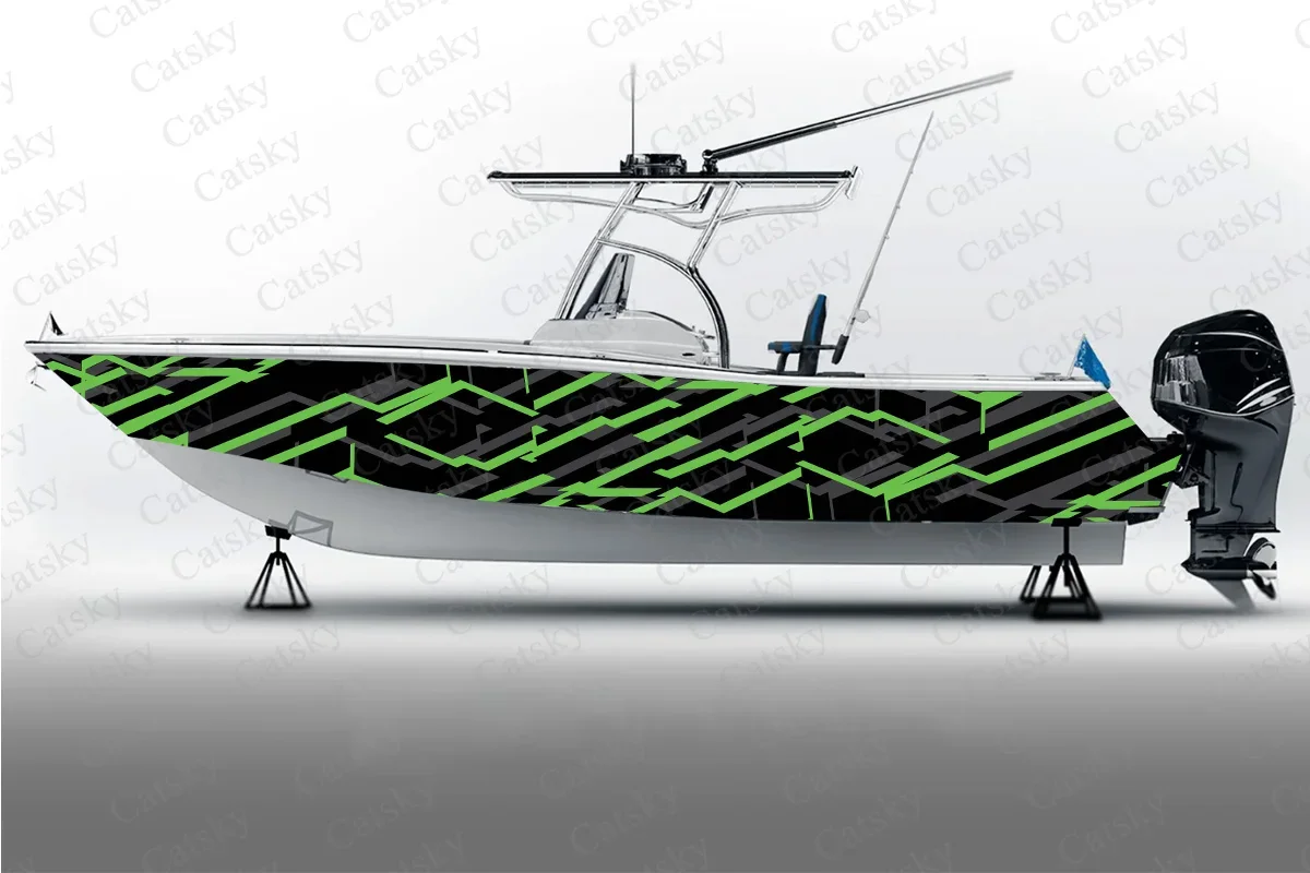 Abstract Vector Green Graphic Design Boat Sticker Packaging Fish Ship Waterproof Custom Cool Marine Vessels Sticker Wrap Vinyl