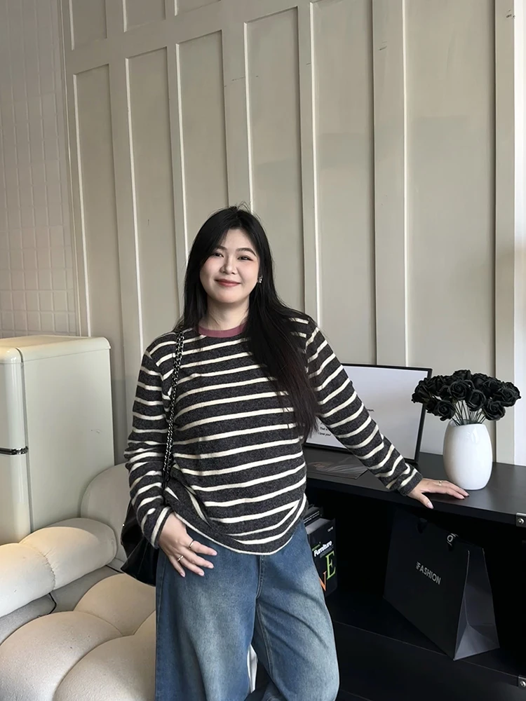 

NINI ONE Korean Sle Long Sve Rabbit Fur Vest Thi Warm Casual Striped Top Women's Knitted Sweater Winter Faion