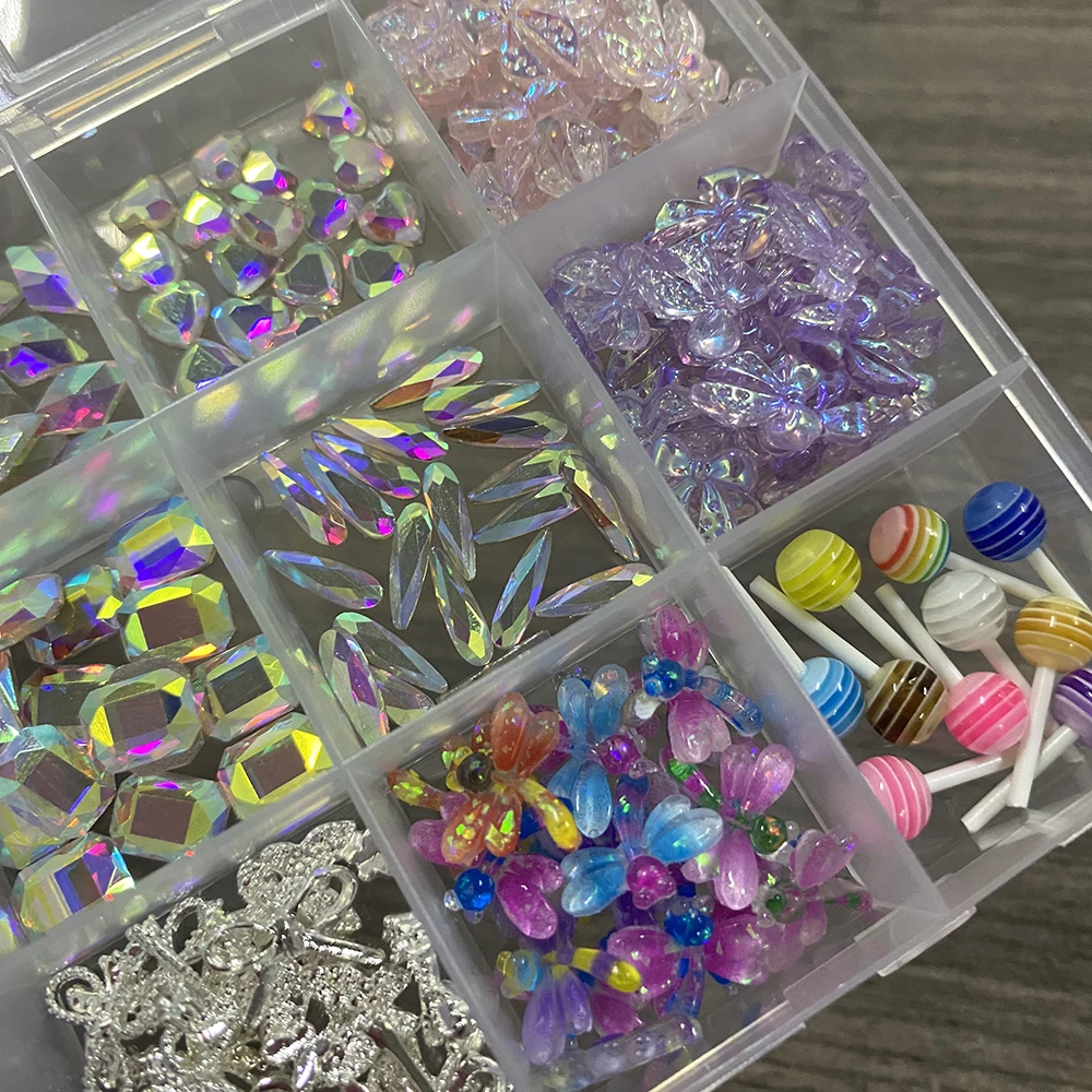 12Grids Mixed AB Rhinestone Dragonfly Bow Nail Charms Butterfly Ribbon Lollipop Nail Art Decorations DIY Manicure Accessories &