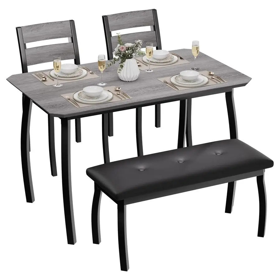 43 Dining Table Set for 4, Wooden Kitchen Table with Upholstered Bench amp 2 Cushion Chairs, Industrial Dinette Set for Studio,