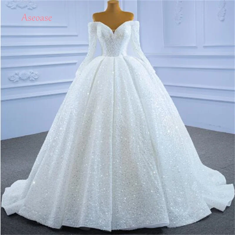 

Aseoase Real Photo Muslim Wedding Dresses Ball Gown Long Sleeves Sequins Pearls Dubai Arabic Wedding Gown Bridal Dresses