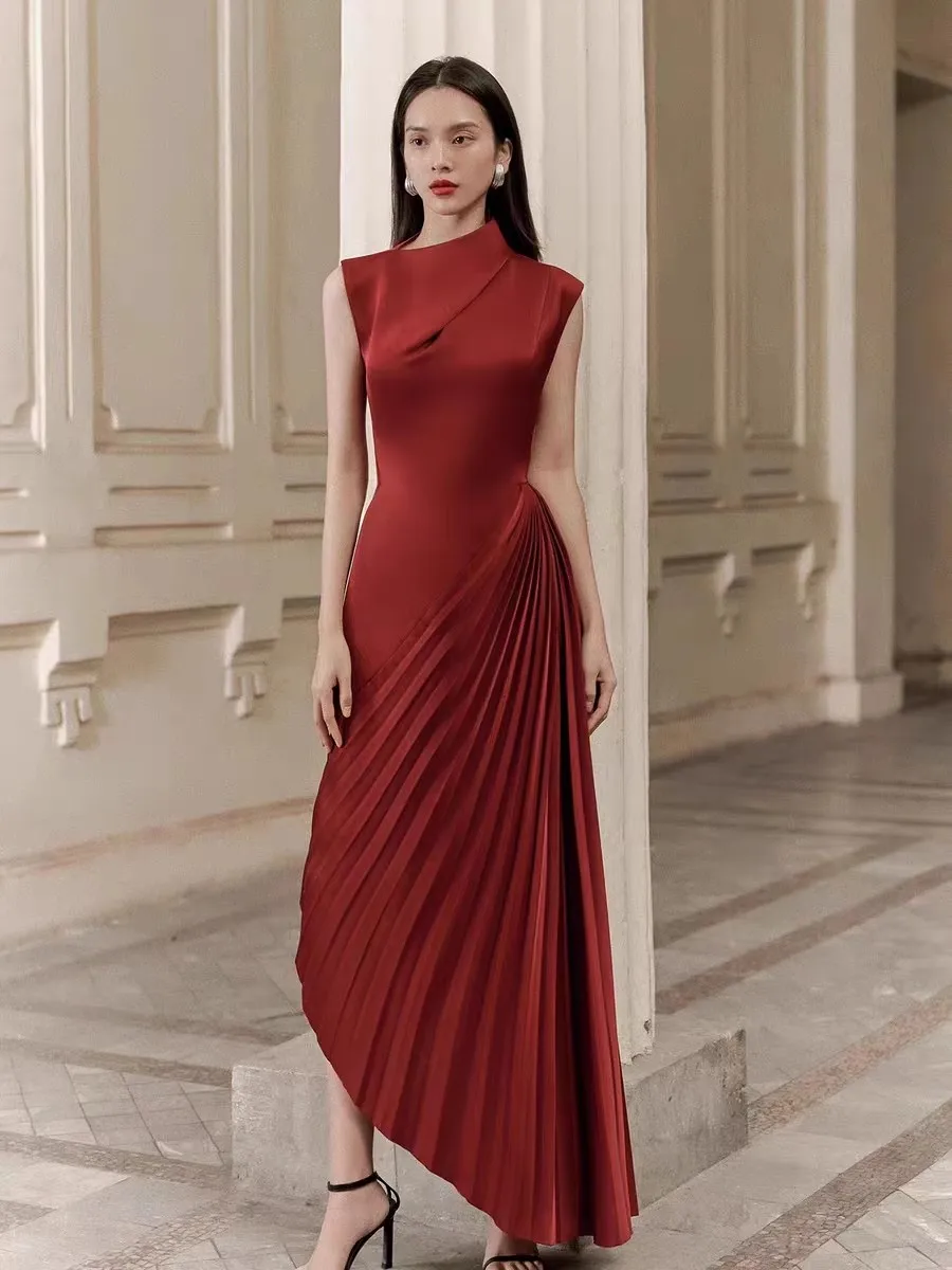 News Party Evening Spring Summer Women Casual Off The Shoulder Sleeveless O Neck Red Banquet Folds Wedding For Female Dresses