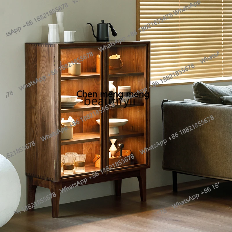 

Black walnut dining side cabinet tea set storage cabinet glass display tea entrance cabinet all solid wood H