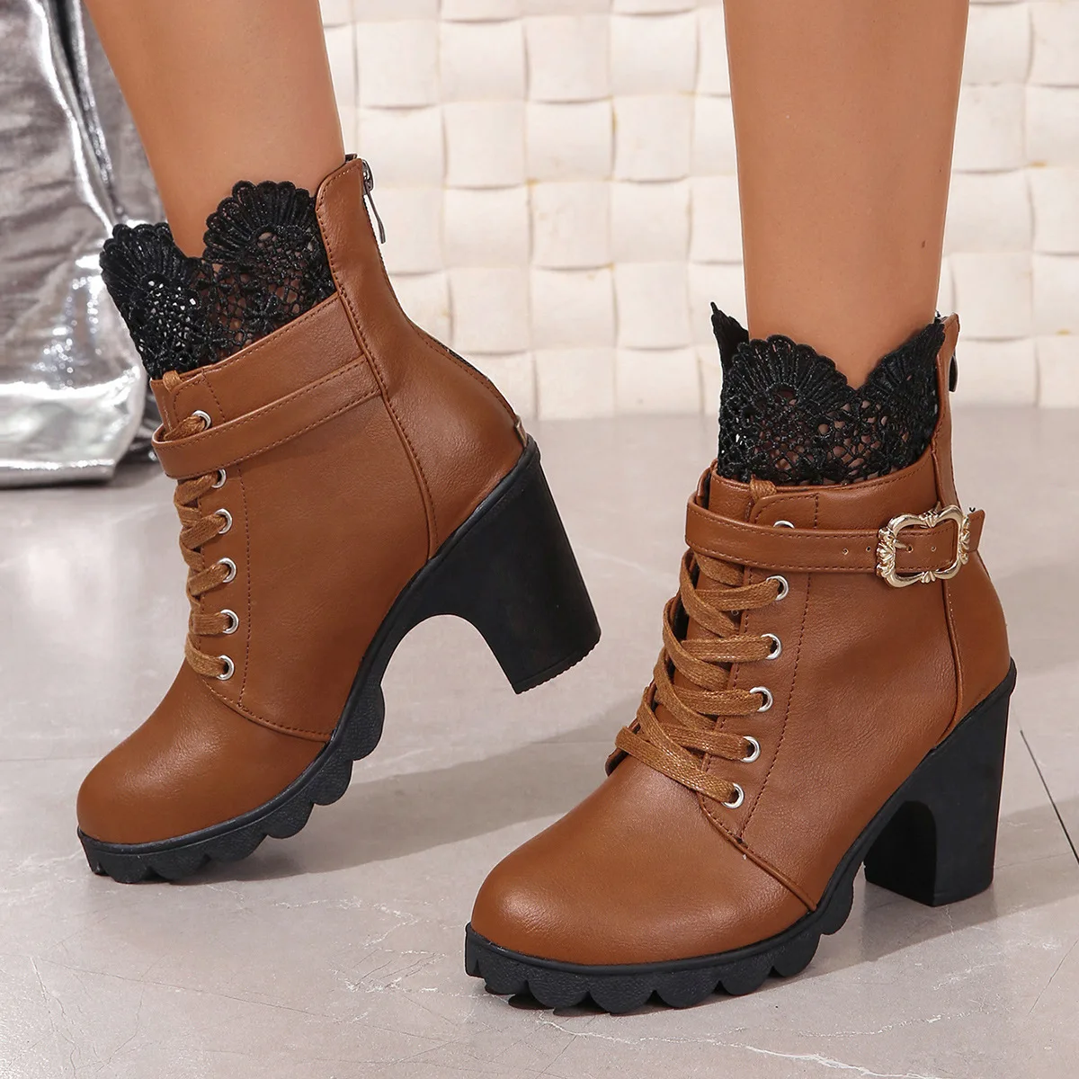 Great Quality Women's High-heeled Chunky Heel Platform Boots Lady Metal Lace Up Thick Heeled Shoes Ethnic Lace Chunky Short Boot