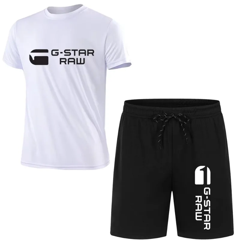 2024 Summer G-STAR RAW Print Men's T-shirts Shorts Set Suit Fashion Leisure Breath Sport Jogging Gym 2pcs Short Sleeve