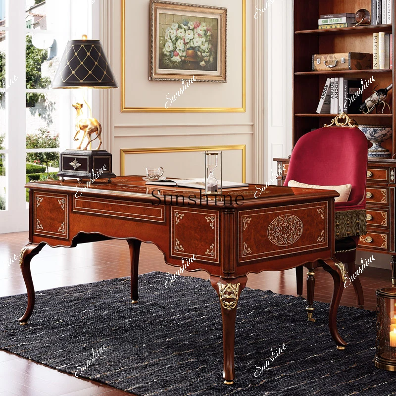 Large shell inlaid all solid wood villa study luxury desk and chair  FT