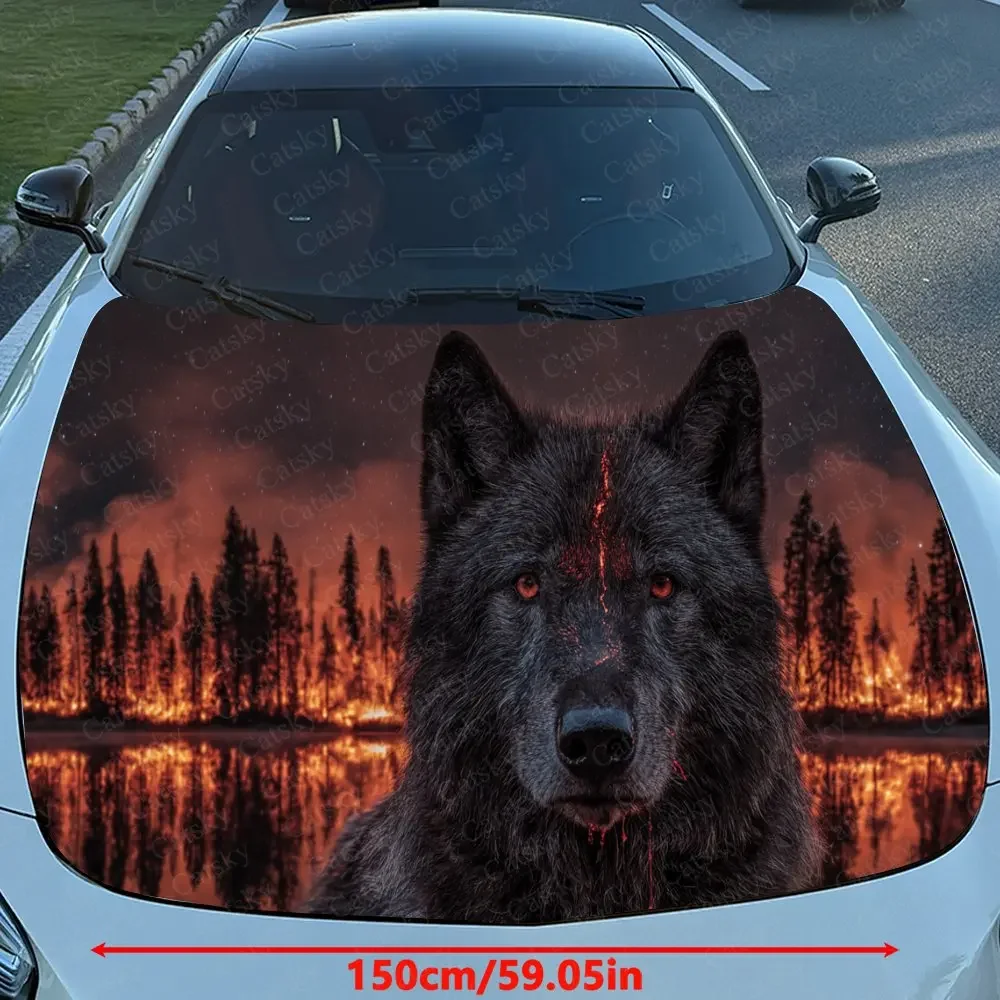 Blood Pupil Burning Forest Wolf Car Vinyl Wrap, PVC Waterproof Car Hood Sticker, Self-Adhesive Scratch-Resistant Stickers