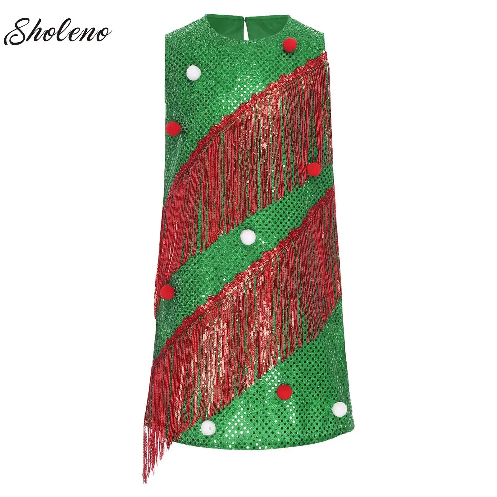 

Girls Elf New Year Xmas Santa Claus Dress Christmas Tree Party Costume Striped Sleeveless Tassels Shiny Sequins Cosplay Dresses