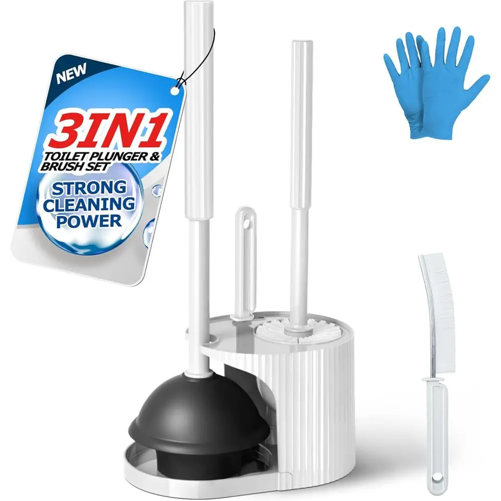

All-in-One Toilet Brush and Plunger Set, White, Essential Bathroom Cleaning Kit