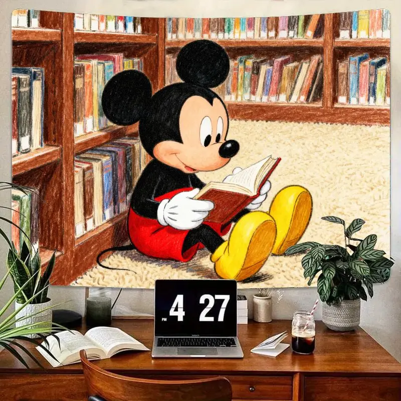 

1 шт., гобелен с Микки Маусом для чтения в библиотеке, настенное искусство для любителей книг с героями мультфильмов, полиэстеровый декор для детской комнаты, спальни, гостиной, Stu