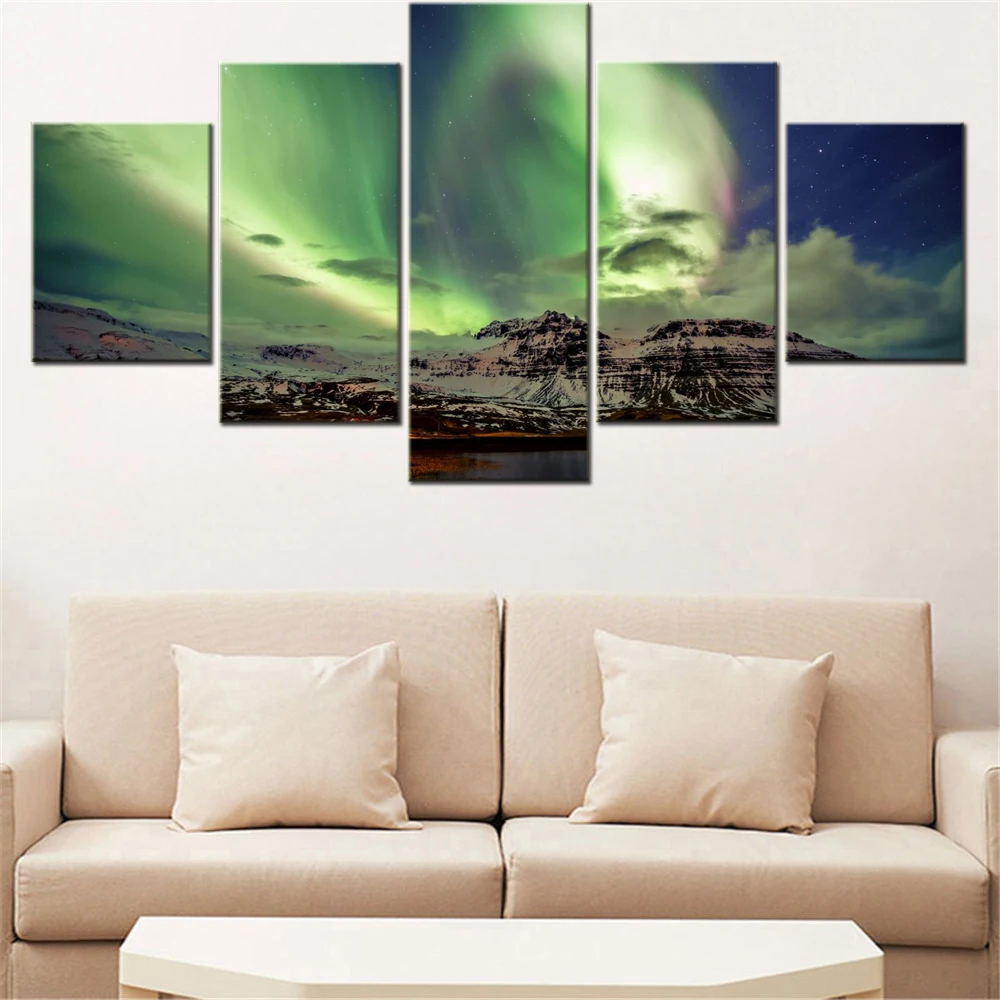 

5 Pieces Canvas Wall Arts Poster Paiting Nature Northern Lights Aurora Borealis Wallpaper Home Decor Picture Printing Artwork