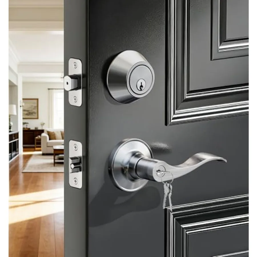 

Keyed Alike Front Door Lever, Exterior Door Lever and Single Cylinder Deadbolt Combination Set, Wave Style Entry Door Knob, Hea