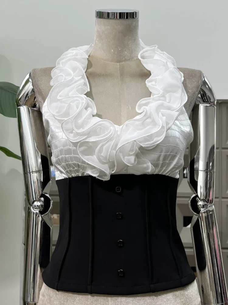 여성용 플로럴 레이스 V넥 백리스 크롭탑 블랙 화이트 배색 허리 스커트 투피스 세트 보헤미안 비치 2025 봄 여름 세트