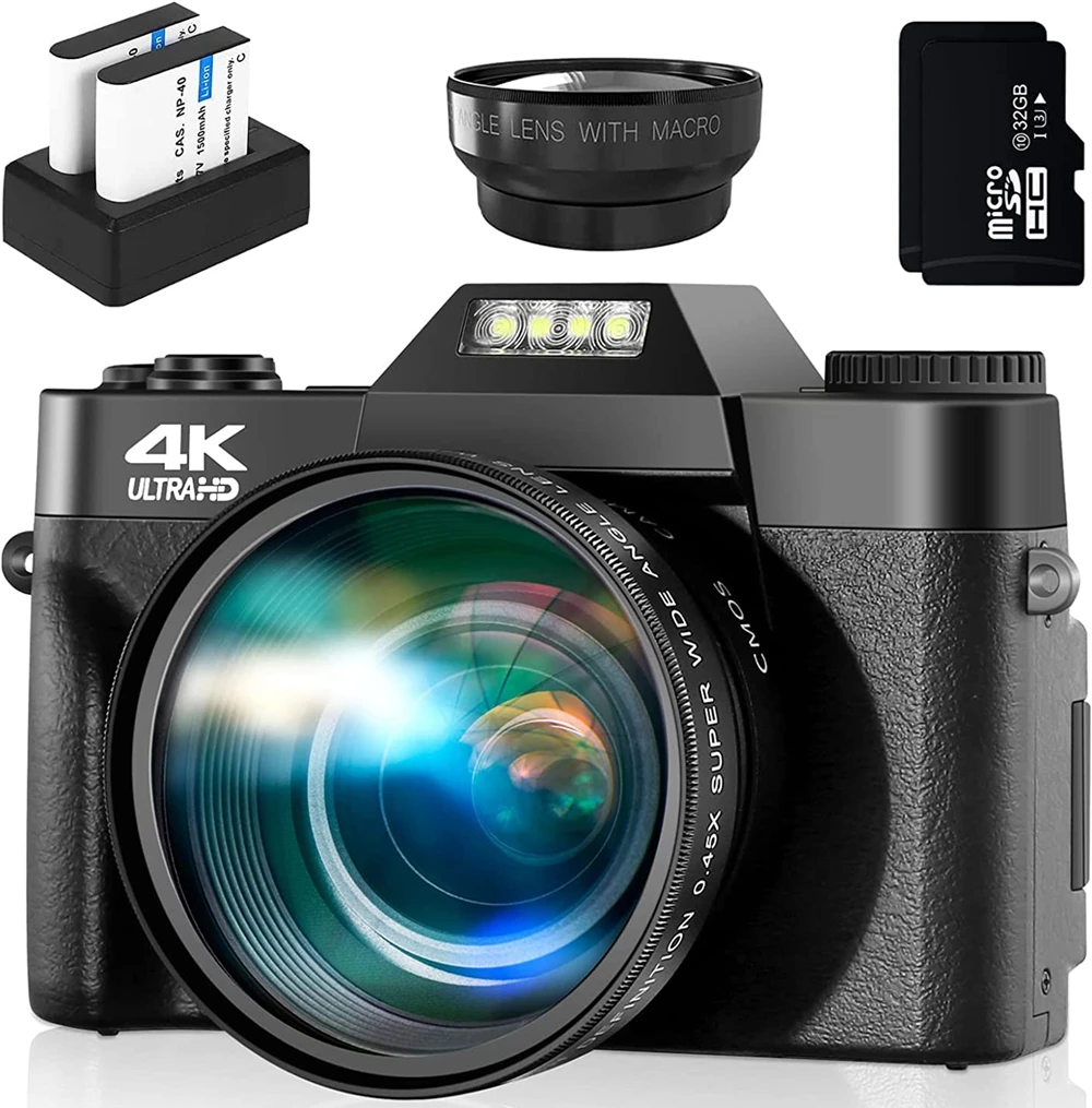 Digital Photography Camera 4K Vlog Selfie Camcorder Flip Screen 48MP Wide Angle Macro 2 in 1 Lens Youtube Live Streaming Camera