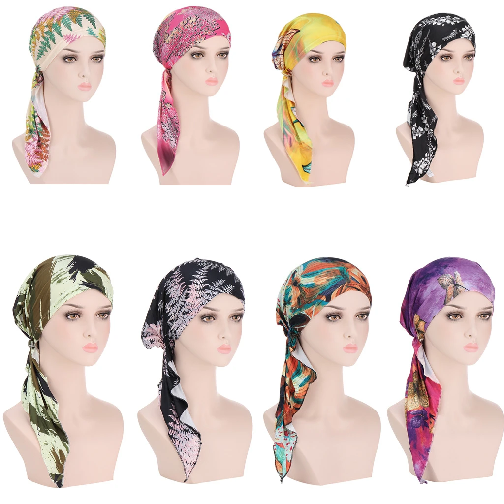 

2026 New Women Print Turban Cap Muslim Hijab Inner Caps Hair Loss Cover Beanies Bonnet Long Tail Headscarf Strech Bandana
