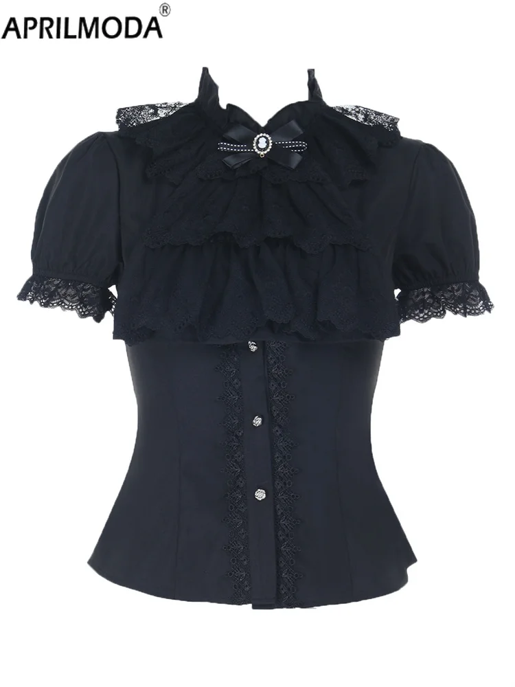

Subculture Patchwork Vintage Gothic Women's Blouse Lolita Black Bow Buttons Slim Corset T-Shirts Elegant Lace Shirts Blouses