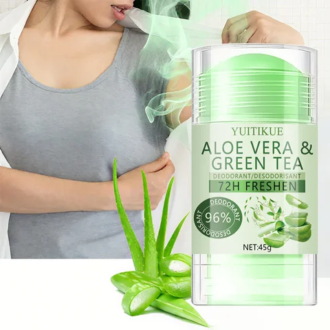 YUITIKUE Aloe & Green Tea Deodorant 45g - 72H Whole Body Fresh, 96%! Odor Control, 3-in-1 Care for Odor, Sweat & Skin