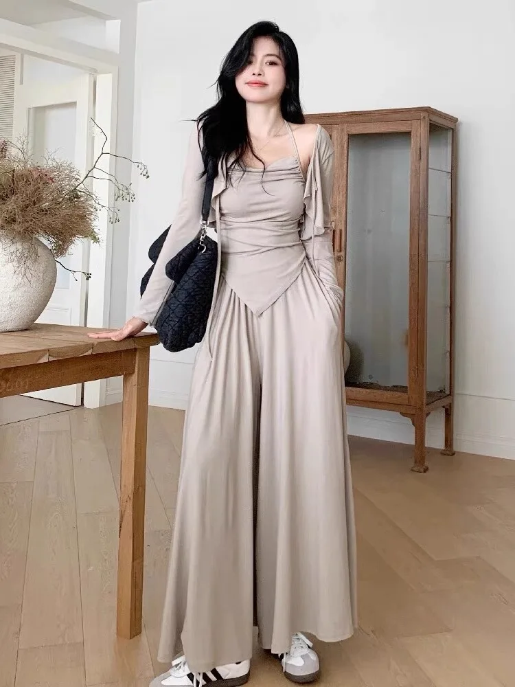 

plus Size Women's Faion Set High-End Lazy Sle Asymmetrical Strap Sun Protection Open Cardigan Spring Dra Wide Leg Pants