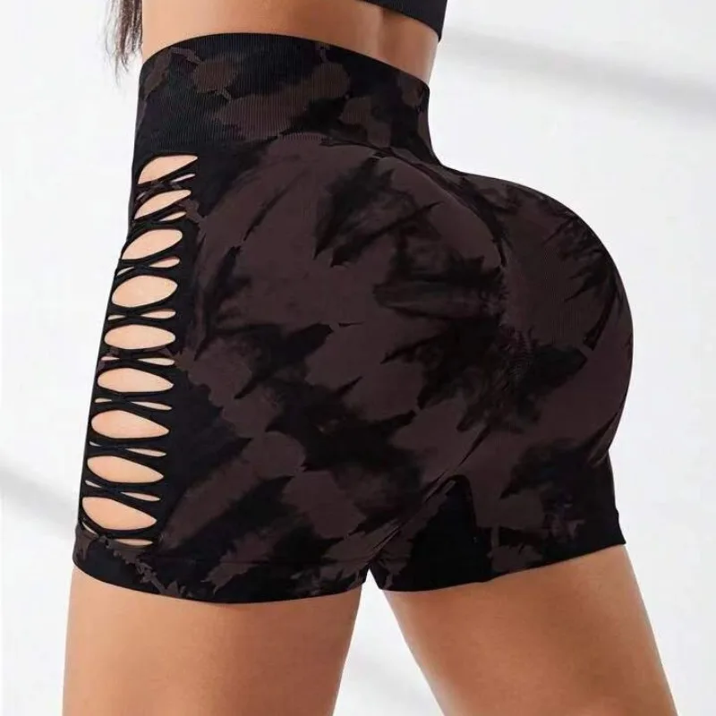 Seamless Tie Dye Shorts High Waist Fitness Shorts High Elastic Hip Liftting Workout Running Sexy Hollow Out Gym Yoga Tights