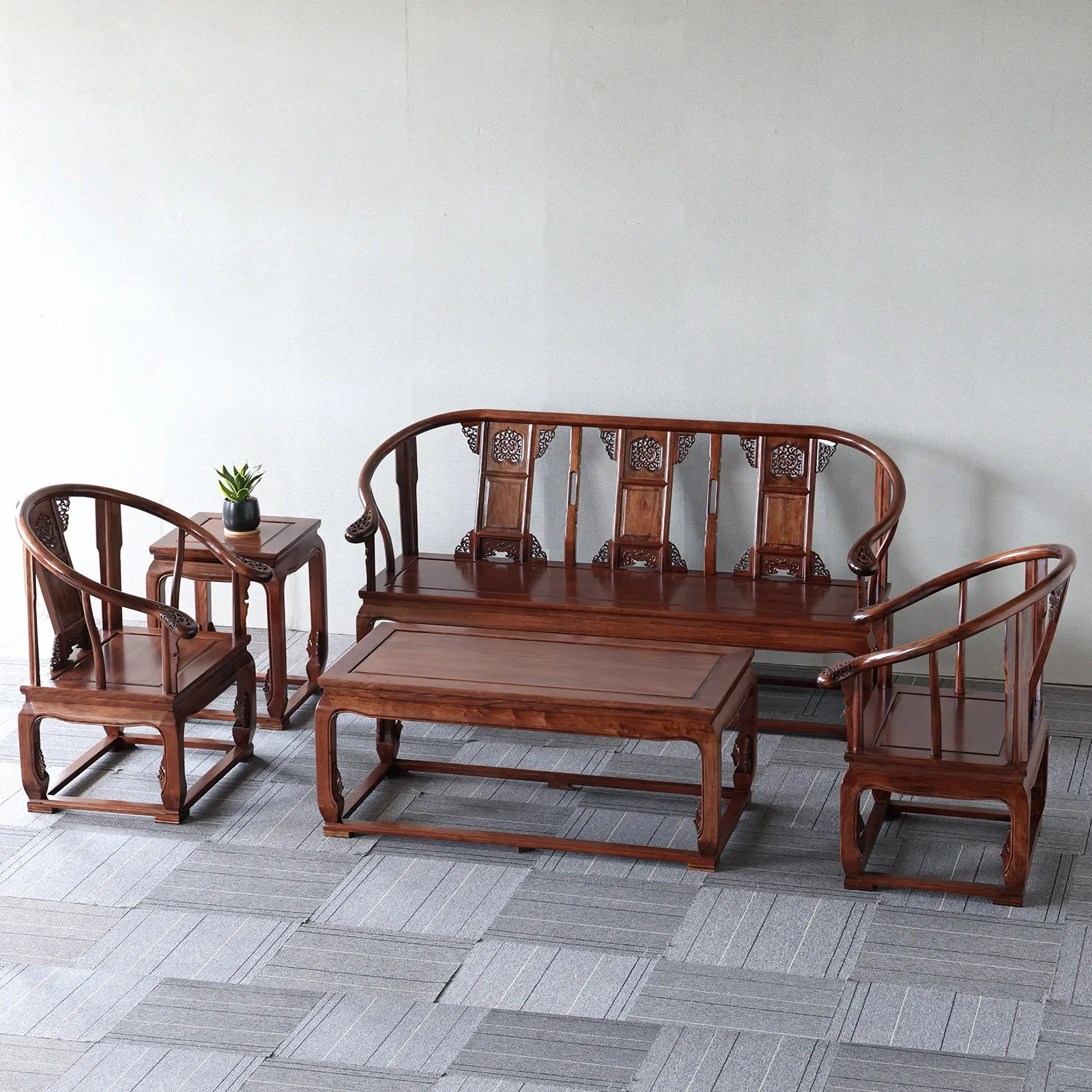 For Classical Chinese Carved Palace Chair 5-Piece Set, Antique Solid Wood Living Room Suite for Small Apartment