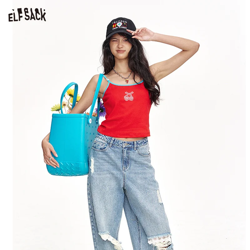 ELFSACK 2025 Summer New Arrivals Printed White Casual Small Suspender For Women
